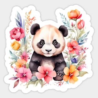 A panda bear decorated with beautiful watercolor flowers Sticker